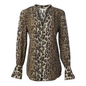 Joie Tariana Cream 100% Silk Bell-Sleeve Blouse – Mandarin Collar, Size L, Excel